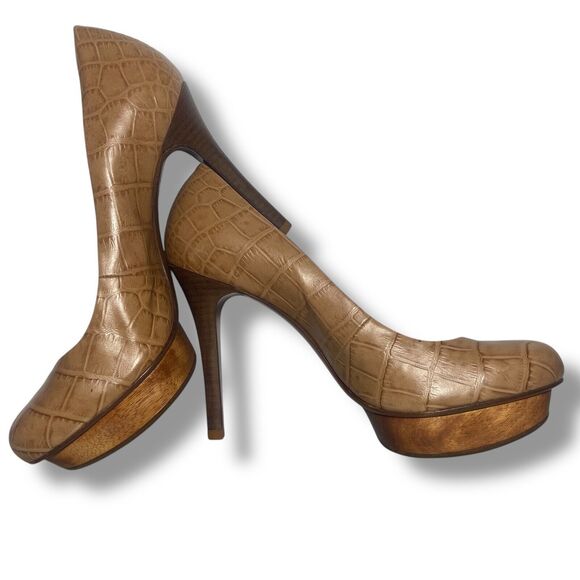 Tory Burch Women Tan Brown Croc Embossed Leather Platform Pumps Heels Size 8 M - Picture 9 of 16